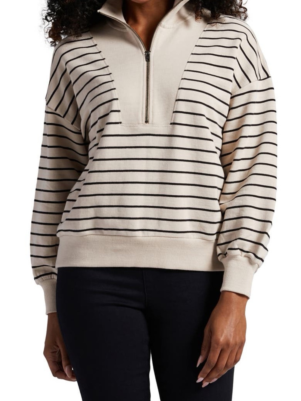 Loft Striped Half-Zip Pullover Sweater in Cream and Black